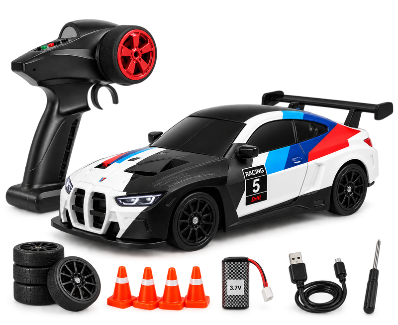 1:43 BMW M4 GT3 RC Drift Car – 4WD Alloy Body, Gyro, LED Lights & 2.4GHz Remote