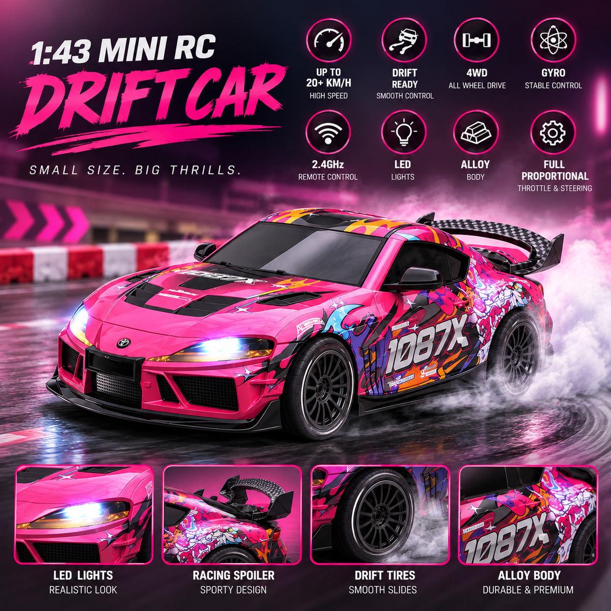 JXC 1:43 Toyota Supra 1087X RC Drift Car – 4WD, Gyro & 2.4GHz Proportional Control
