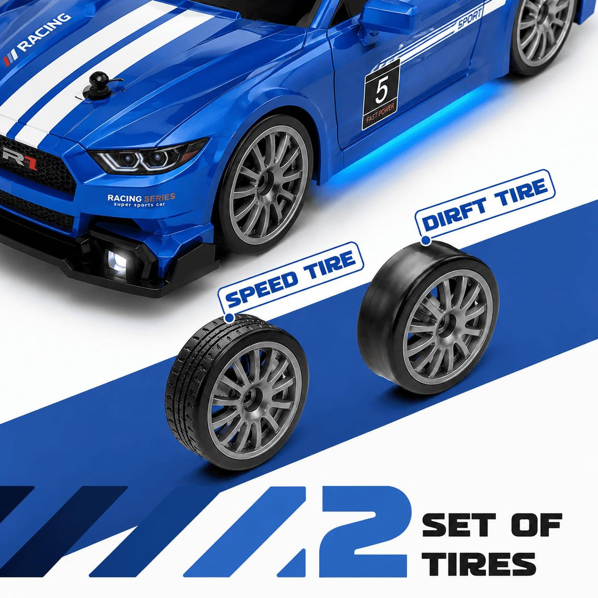 1:24 High-Speed Mustang RC Drift Car – 20+ km/h, 2.4GHz Remote, LED Lights & Rechargeable Battery