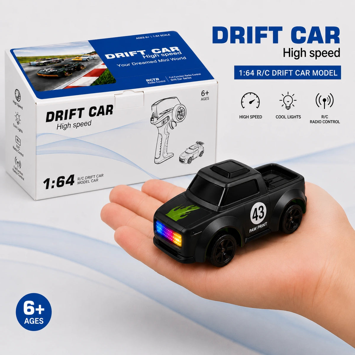 1:64 RC Drift Car | 2.4GHz Remote | Rechargeable Battery | LED Lights