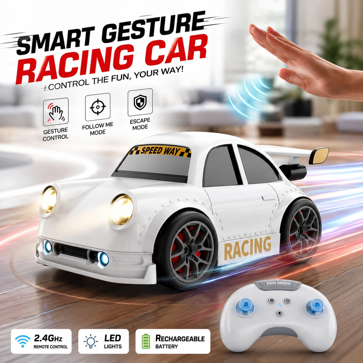 Smart Gesture Control RC Racing Car for Kids | 1:16 Scale | Follow & Escape Mode | LED Lights | Rechargeable Battery
