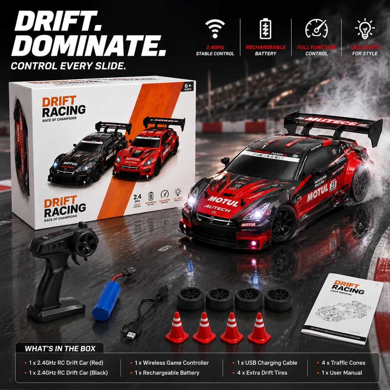 1:24 Red & Black Racing RC Drift Car – 24 KM/H 6