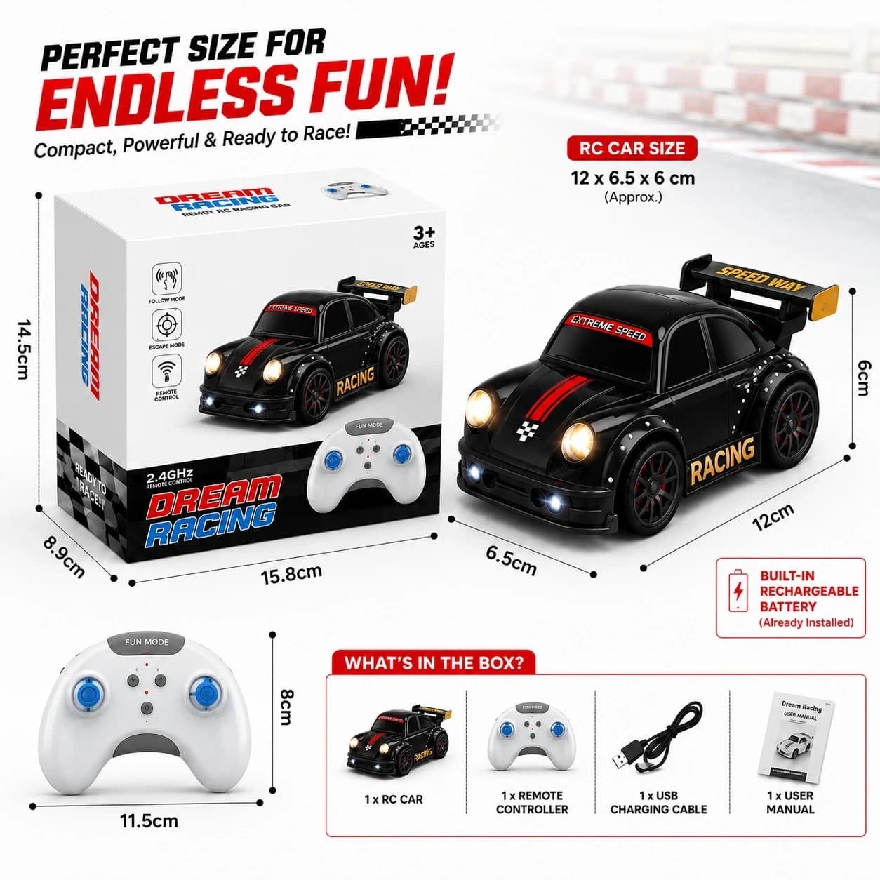 Smart Gesture Control RC Racing Car for Kids – 1:16 Scale | Follow & Escape Mode, LED & Rechargeable 3