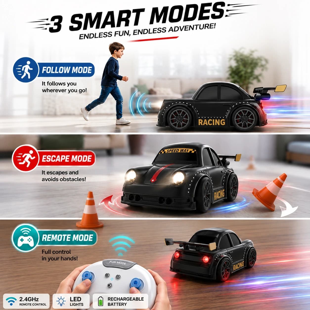 Smart Gesture Control RC Racing Car for Kids – 1:16 Scale | Follow & Escape Mode, LED & Rechargeable 4