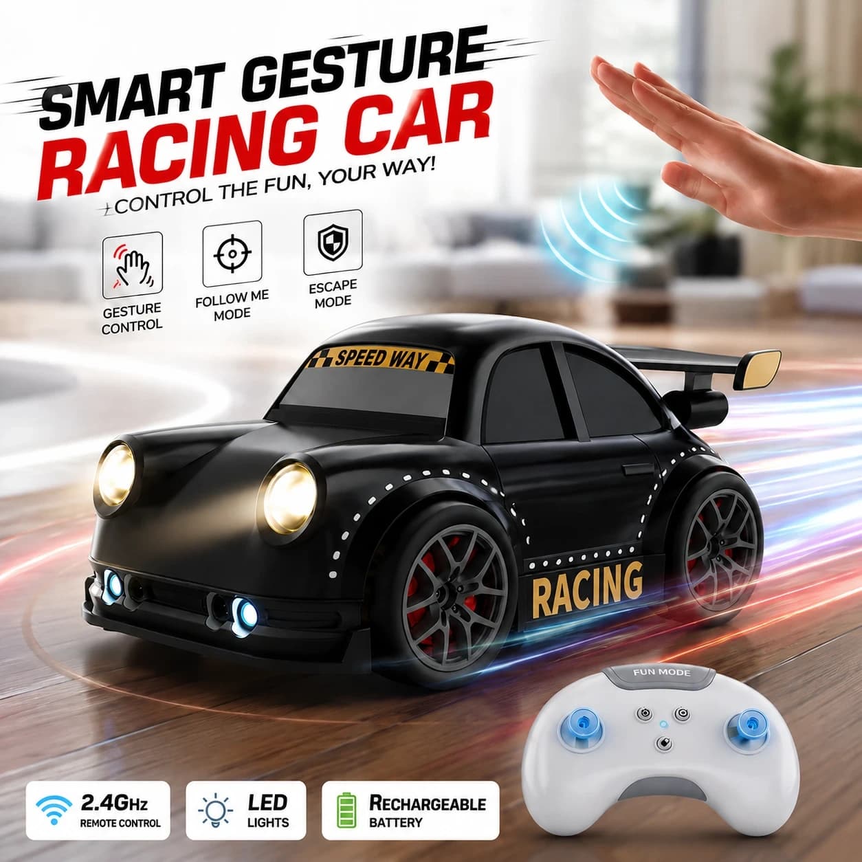 Smart Gesture Control RC Racing Car for Kids – 1:16 Scale | Follow & Escape Mode, LED & Rechargeable 2