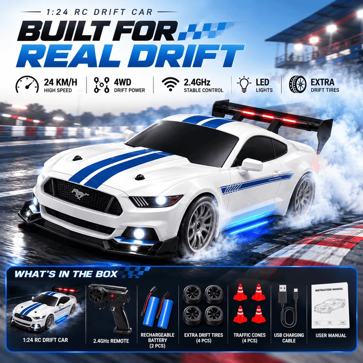 1:24 Mustang High-Speed RC Drift Car – Up to 24 km/h | 2.4GHz Remote & LED Lights 3