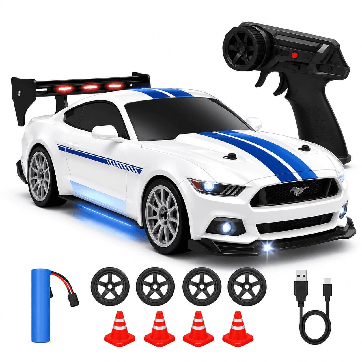 1:24 Mustang High-Speed RC Drift Car – Up to 24 km/h | 2.4GHz Remote & LED Lights — Frost White