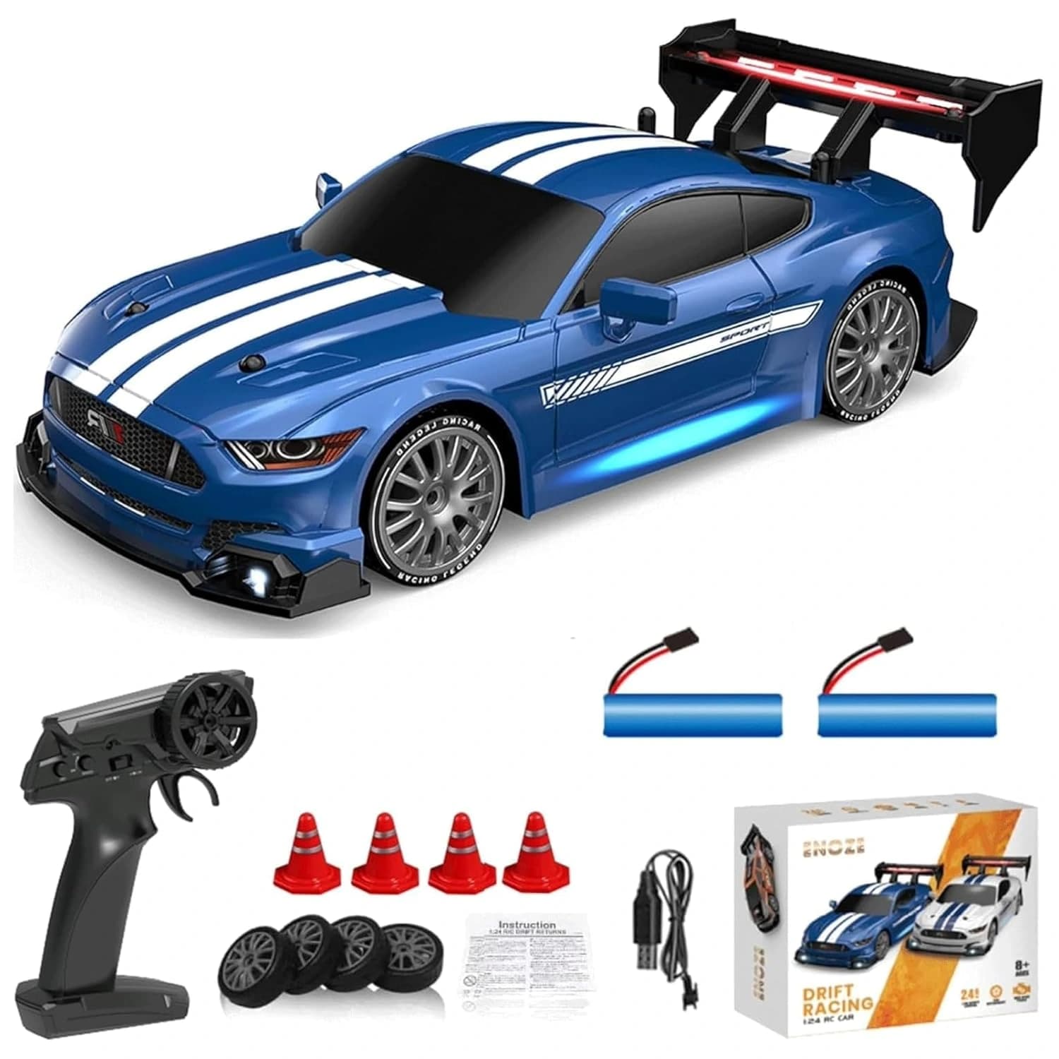 1:24 Mustang High-Speed RC Drift Car – Up to 24 km/h | 2.4GHz Remote & LED Lights — Blue Edition