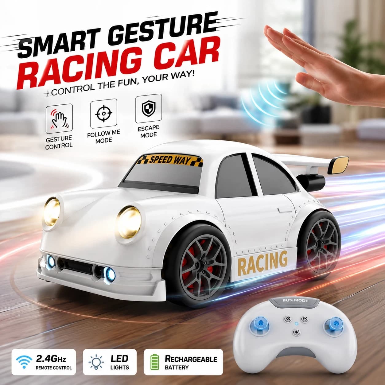 Smart Gesture Control RC Racing Car for Kids – 1:16 Scale | Follow & Escape Mode, LED & Rechargeable 2