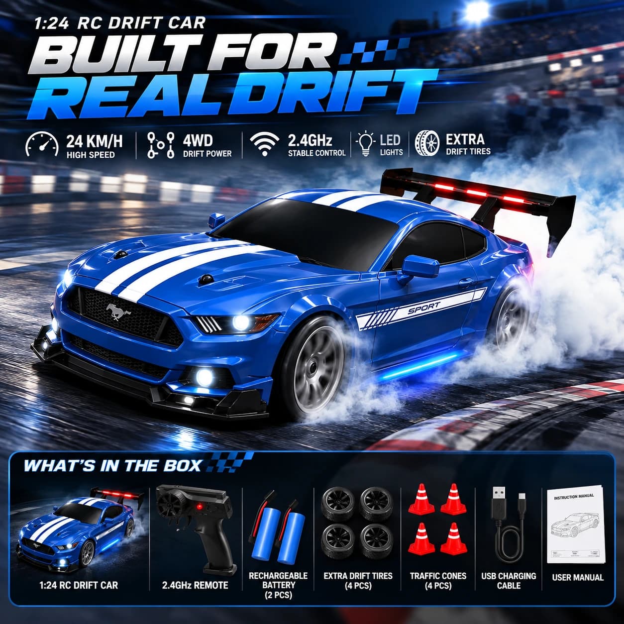 1:24 Mustang High-Speed RC Drift Car – Up to 24 km/h | 2.4GHz Remote & LED Lights 5