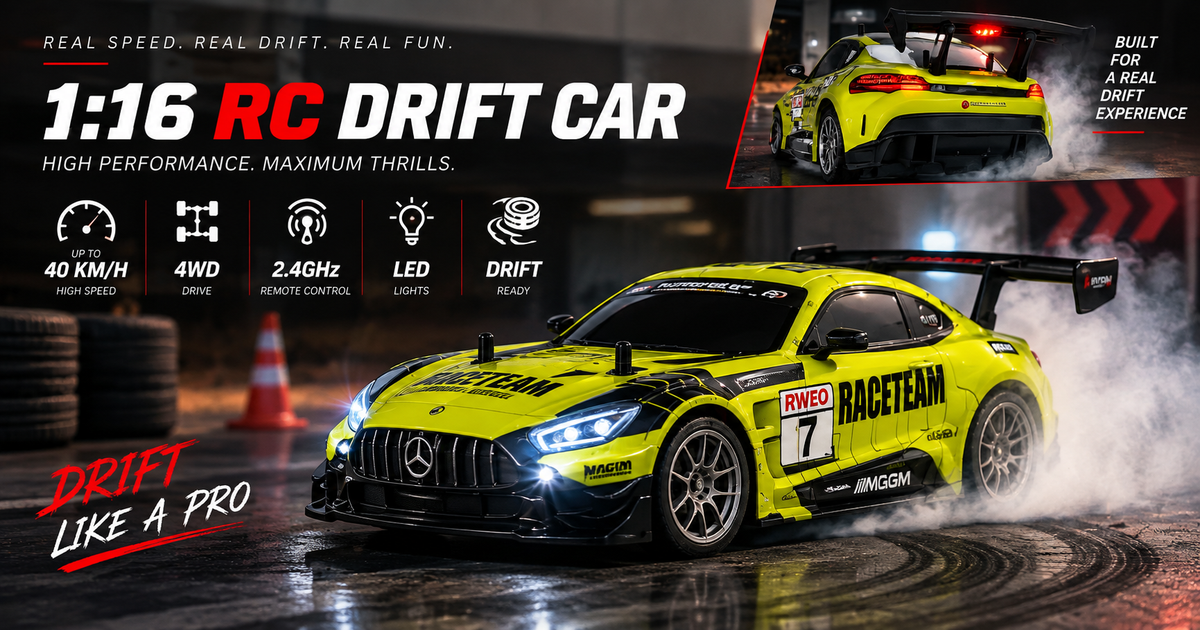 High-Speed 1:16 4WD RC Drift Car – Upto 40 km/h with LED Lights & Rechargeable Battery