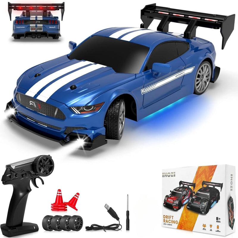 1:24 High-Speed Mustang RC Drift Car – 20+ km/h, 2.4GHz Remote, LED Lights & Rechargeable Battery