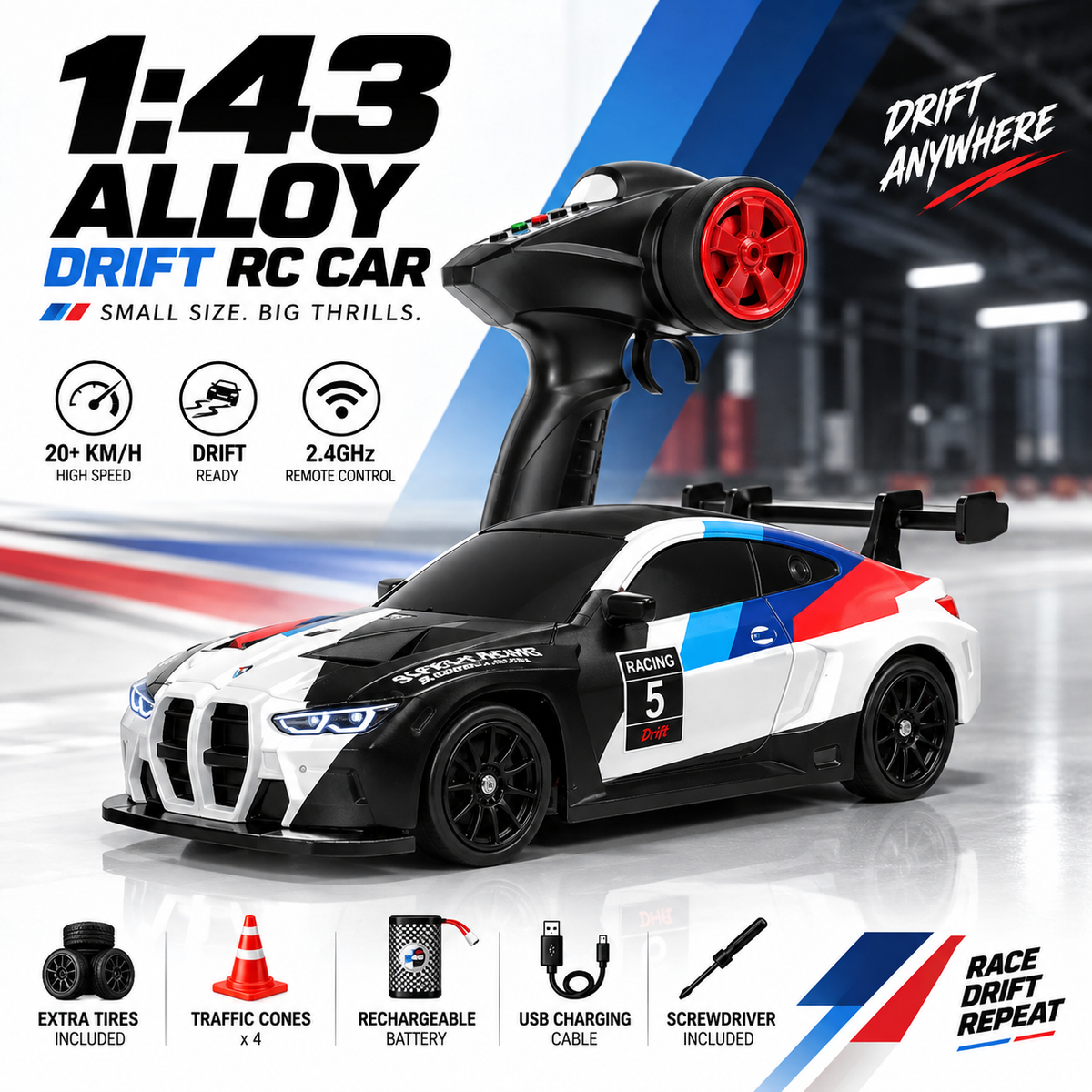 1:43 BMW M4 GT3 RC Drift Car – 4WD Alloy Body, Gyro, LED Lights & 2.4GHz Remote