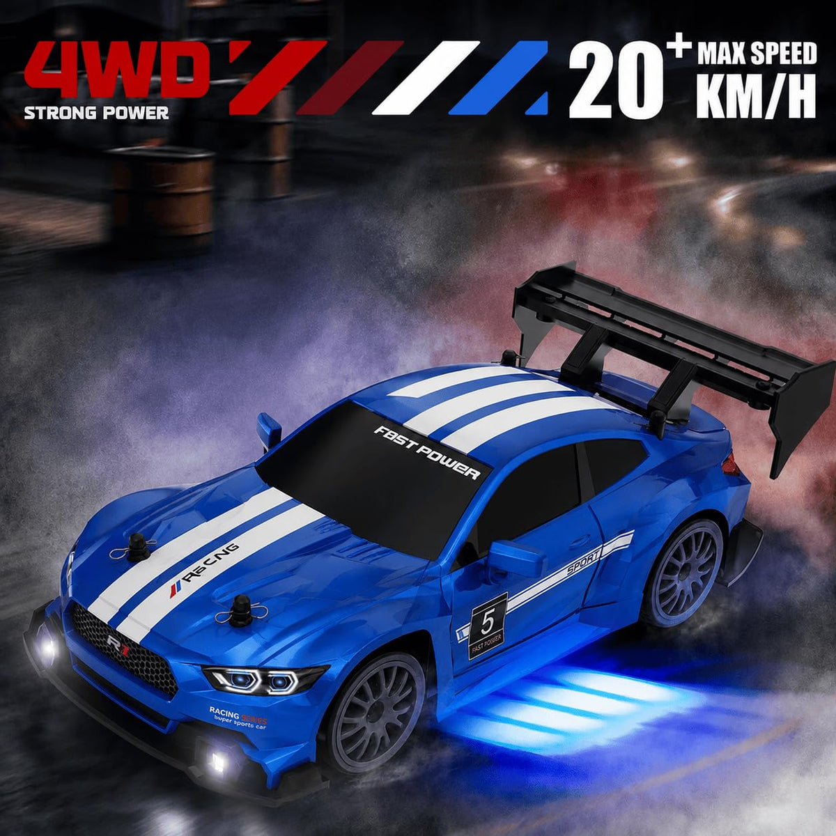 1:24 High-Speed Mustang RC Drift Car – 20+ km/h, 2.4GHz Remote, LED Lights & Rechargeable Battery