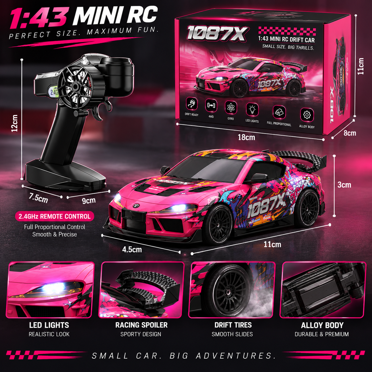 JXC 1:43 Toyota Supra 1087X RC Drift Car – 4WD, Gyro & 2.4GHz Proportional Control
