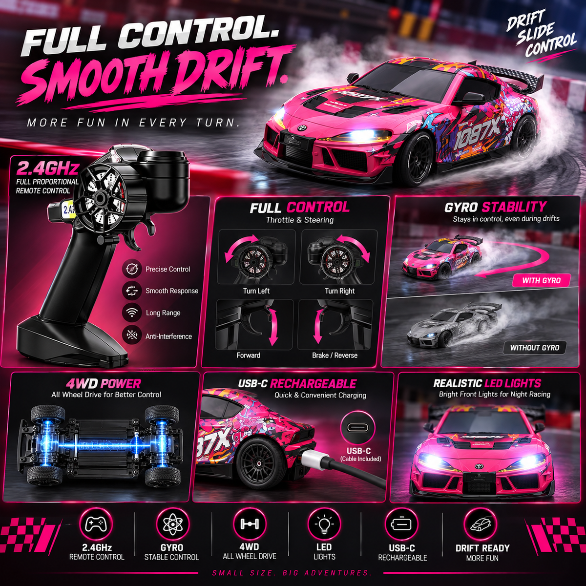 JXC 1:43 Toyota Supra 1087X RC Drift Car – 4WD, Gyro & 2.4GHz Proportional Control
