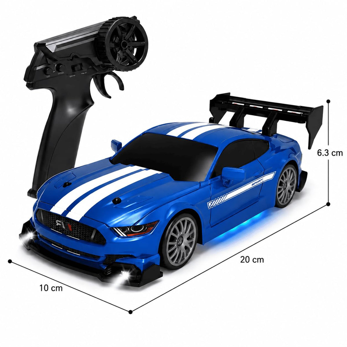 1:24 High-Speed Mustang RC Drift Car – 20+ km/h, 2.4GHz Remote, LED Lights & Rechargeable Battery
