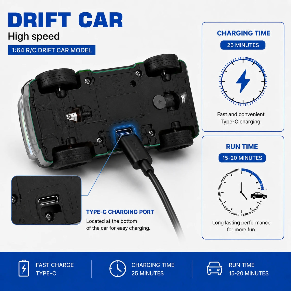 1:64 RC Drift Car | 2.4GHz Remote | Rechargeable Battery | LED Lights