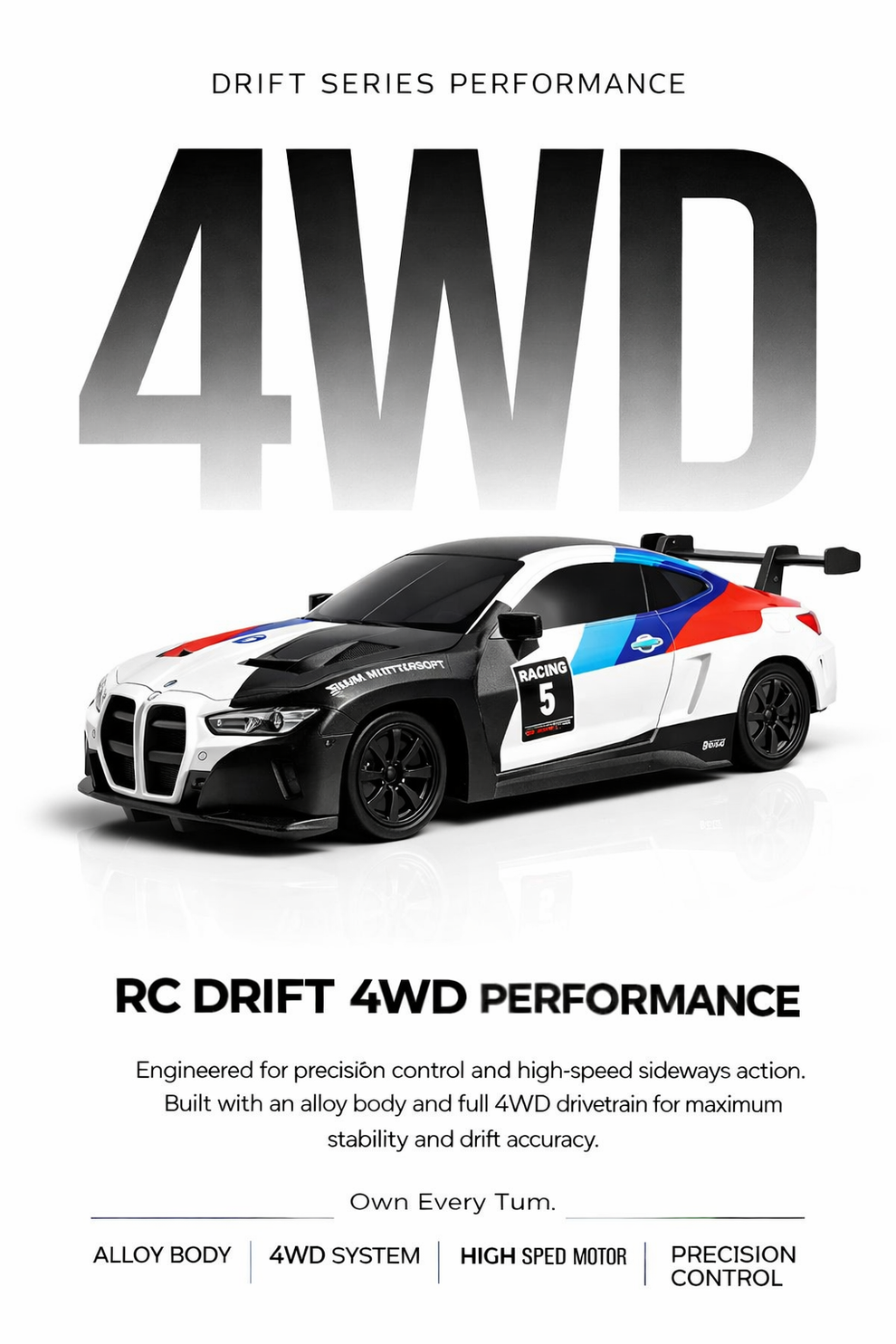 1:43 BMW M4 GT3 RC Drift Car – 4WD Alloy Body, Gyro, LED Lights & 2.4GHz Remote