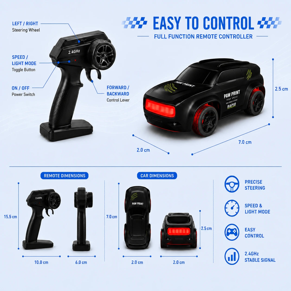 1:64 RC Drift Car | 2.4GHz Remote | Rechargeable Battery | LED Lights