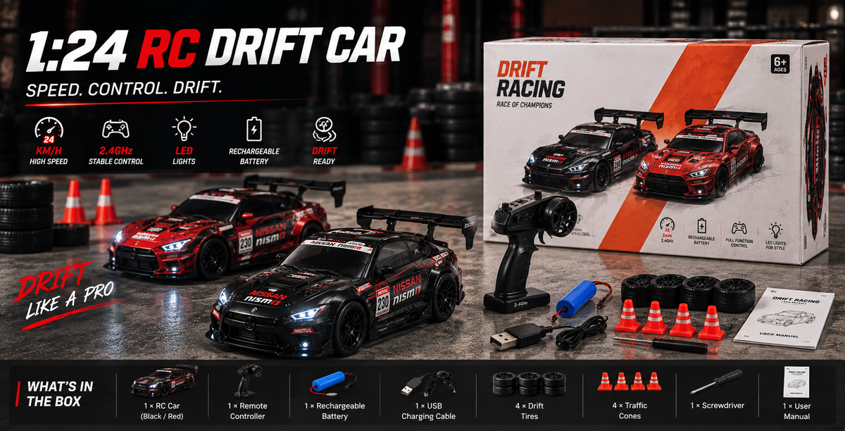 1:24 High-Speed RC Drift Car – Upto 24 km/h, 2.4GHz Remote, LED Lights & Rechargeable Battery