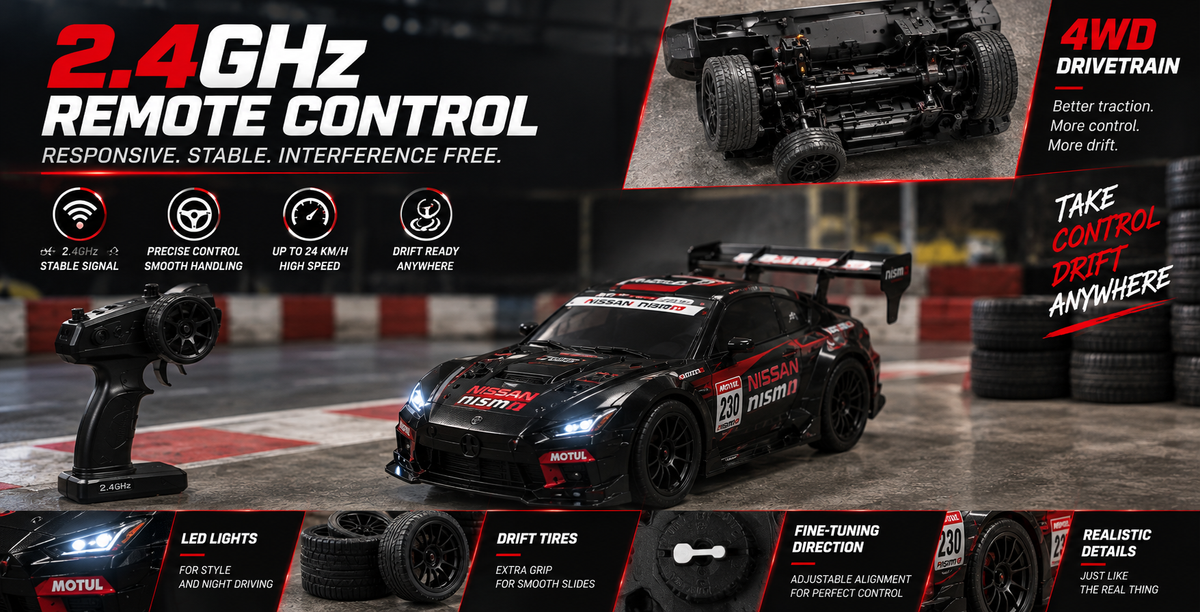 1:24 High-Speed RC Drift Car – Upto 24 km/h, 2.4GHz Remote, LED Lights & Rechargeable Battery