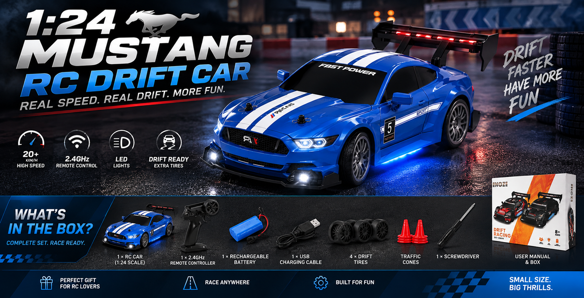 1:24 High-Speed Mustang RC Drift Car – 20+ km/h, 2.4GHz Remote, LED Lights & Rechargeable Battery