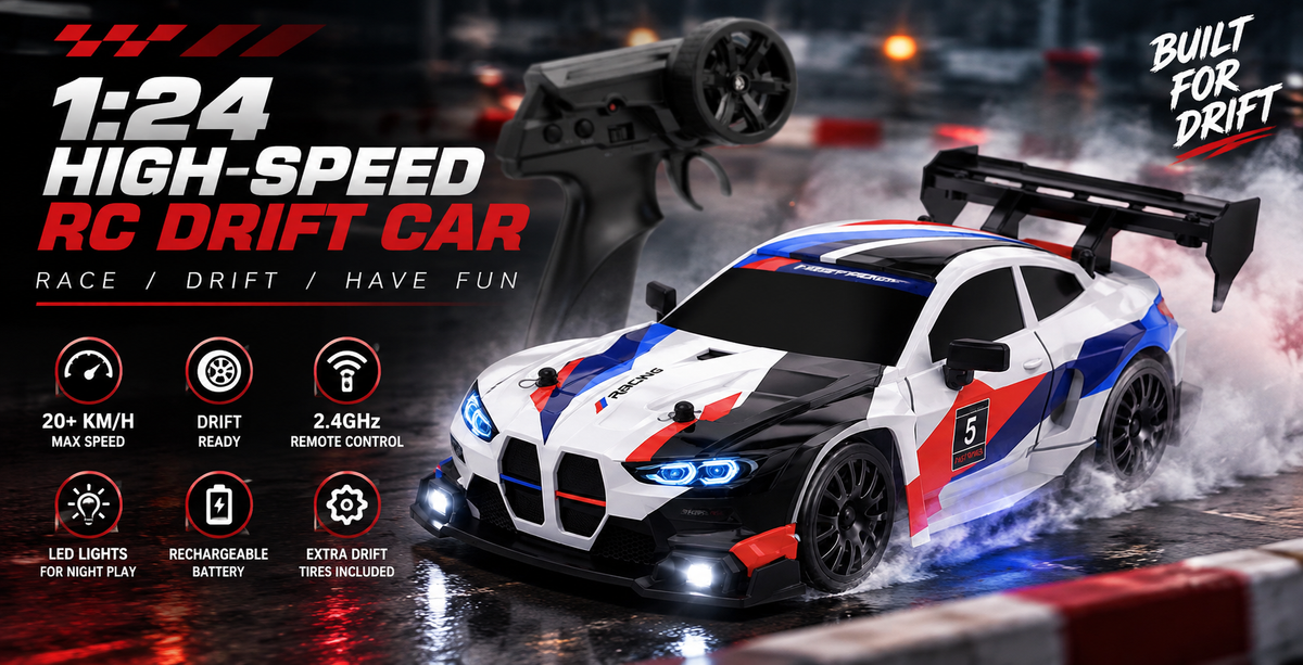 1:24 High-Speed RC Drift Car – 20+ km/h, 2.4GHz Remote, LED Lights & Rechargeable Battery