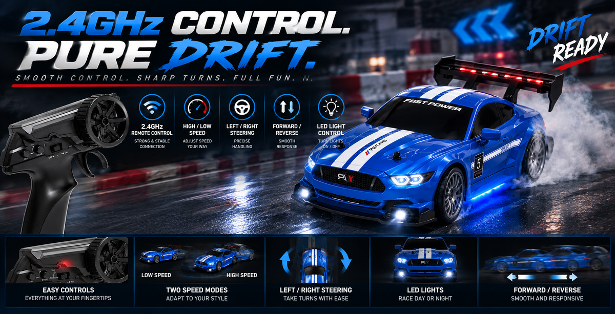 1:24 High-Speed Mustang RC Drift Car – 20+ km/h, 2.4GHz Remote, LED Lights & Rechargeable Battery