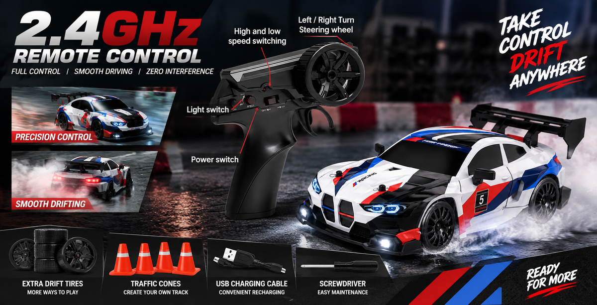 1:24 High-Speed RC Drift Car – 20+ km/h, 2.4GHz Remote, LED Lights & Rechargeable Battery