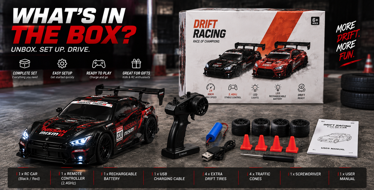 1:24 High-Speed RC Drift Car – Upto 24 km/h, 2.4GHz Remote, LED Lights & Rechargeable Battery