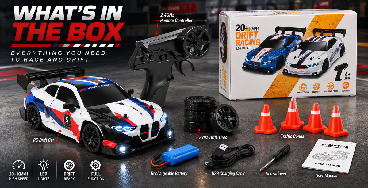 1:24 High-Speed RC Drift Car – 20+ km/h, 2.4GHz Remote, LED Lights & Rechargeable Battery