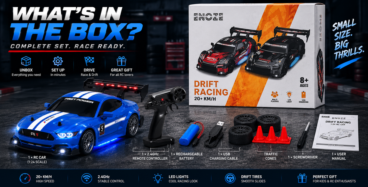 1:24 High-Speed Mustang RC Drift Car – 20+ km/h, 2.4GHz Remote, LED Lights & Rechargeable Battery