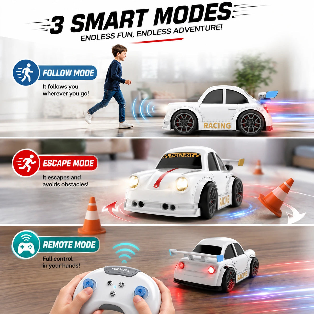 Smart Gesture Control RC Racing Car for Kids | 1:16 Scale | Follow & Escape Mode | LED Lights | Rechargeable Battery