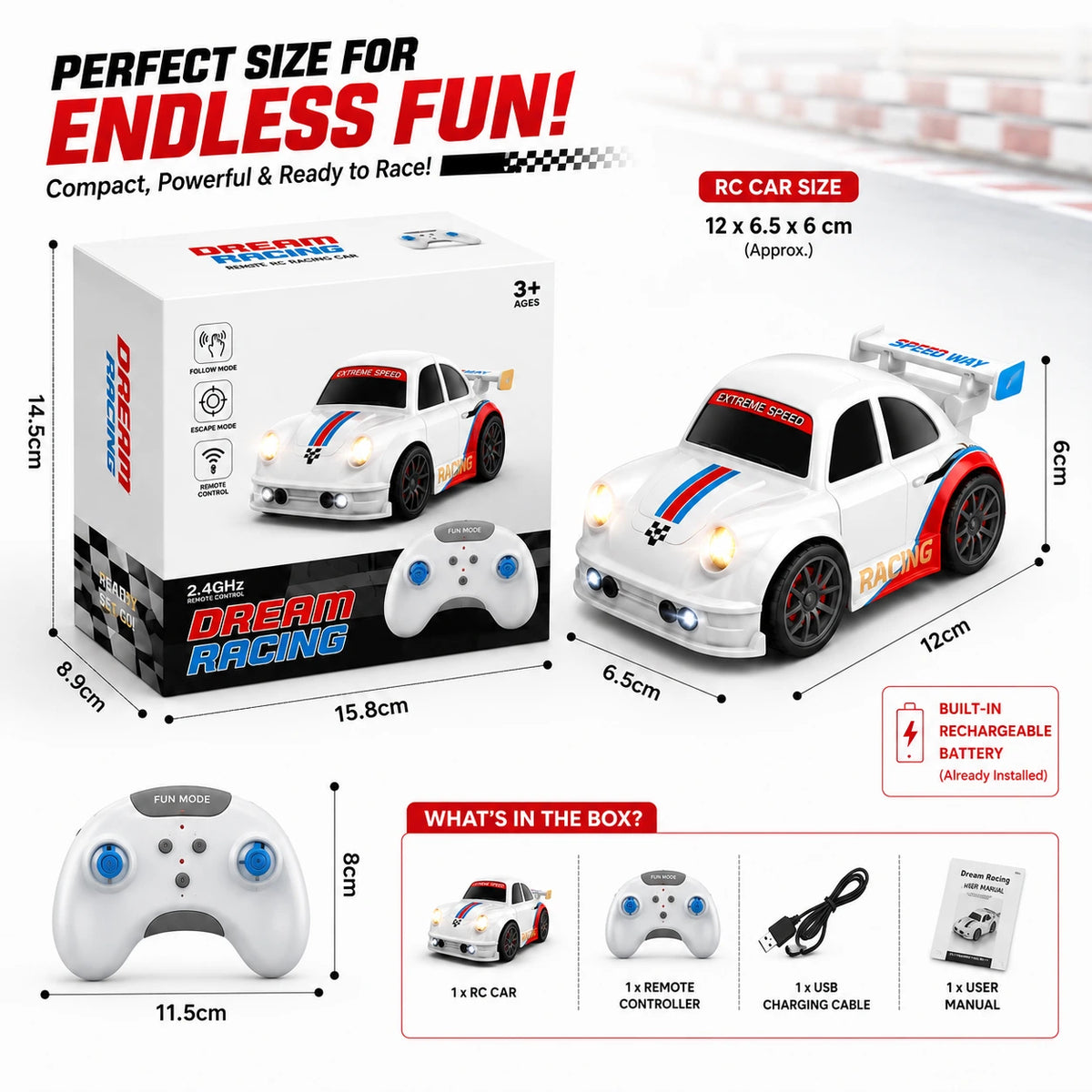 Smart Gesture Control RC Racing Car for Kids | 1:16 Scale | Follow & Escape Mode | LED Lights | Rechargeable Battery